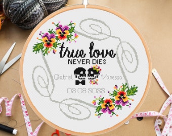 Funny wedding cross stitch pattern True Love Never Dies  - customizable, personalized  couple name skeleton skull DIY - instant pdf download