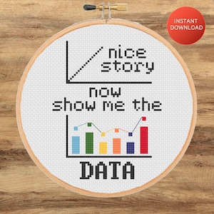 May include: A cross-stitch embroidery hoop with the text "nice story now show me the DATA" and a graph design. The design features a wooden hoop, white fabric, and colorful chart elements. A red circle with "INSTANT DOWNLOAD" is in the upper right.