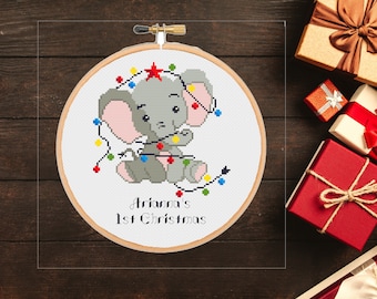 Baby's First Christmas Cross Stitch Pattern: Santa Elephant Ornament, Christmas Nursery Design, Modern, Easy (Customizable PDF Download)