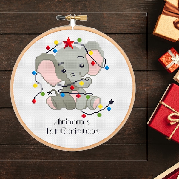 Baby's 1st Christmas 2022 cross stitch patternCustomized Personalized first Christmas DIY Santa Elephant ornament Customizable -instant pdf