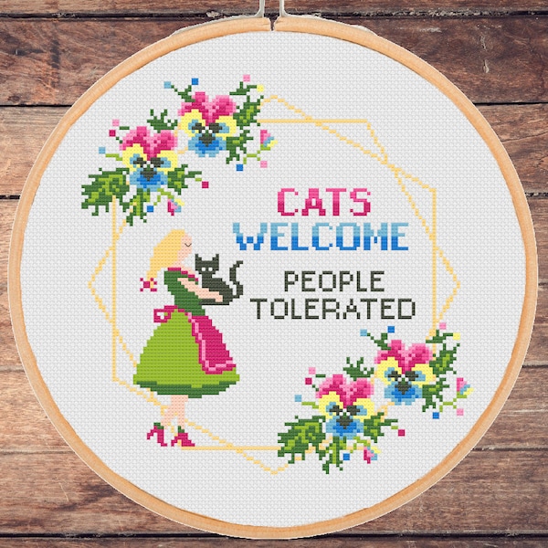 Funny cross stitch pattern. Cats welcome people tolerated Modern snarky sassy cat lover floral sarcastic Xstitch -instant pdf download