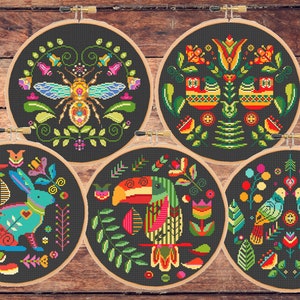 SET OF 5 Scandinavian Folk Art cross stitch pattern Nordic cross stitch Nordic ornament Floral Modern Animal - instant Zipp file download