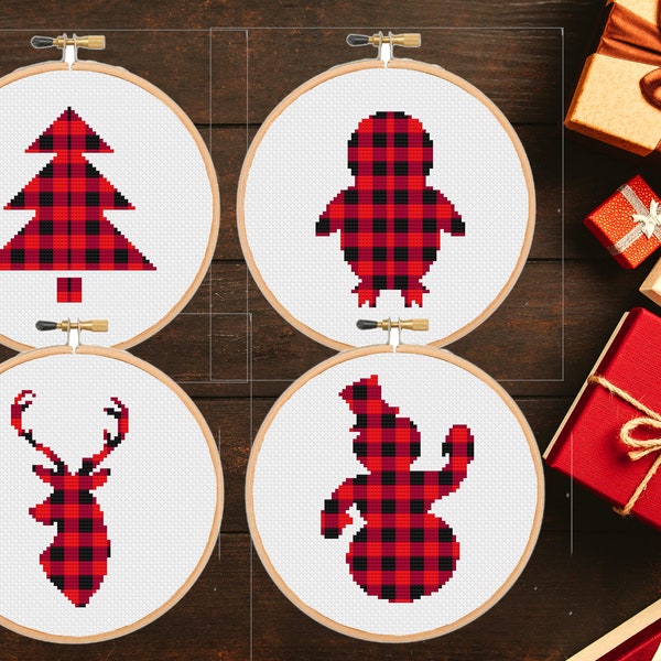 Set of 4 Four Christmas Cross stitch pattern Buffalo Plaid Holiday ornament Snowman Tree Penguin Deer  Decoration Modern-pdf download