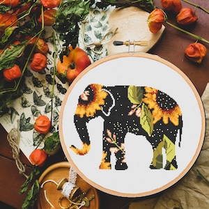Modern Sunflower Elephant Cross Stitch pattern , floral flower jungle safari animal nature  - instant pdf download