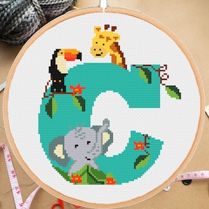 Custom Baby Letter Monogram sampler cross stitch pattern elephant giraffe toucan safari jungle nursery decor, #264# -instant pdf