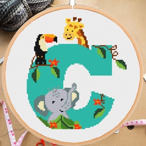 Custom Baby Letter Monogram sampler cross stitch pattern elephant giraffe toucan safari jungle nursery decor, #264# -instant pdf