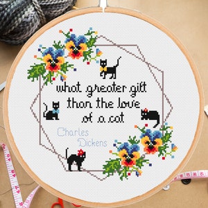 Charles Dickens Cat Quote Cross Stitch Pattern: Funny Floral Design (PDF Download)