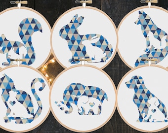 6 Geometric Animals Cross Stitch Pattern Set: Small Bundle Rabbit Dog Cat Elephant Fox Baby Nursery Modern Beginner Designs (PDF)