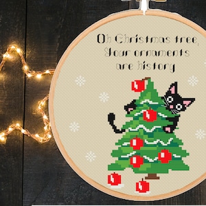 Funny Christmas Cat Cross Stitch Pattern: &#39;Oh Christmas Tree&#39; (PDF Download)