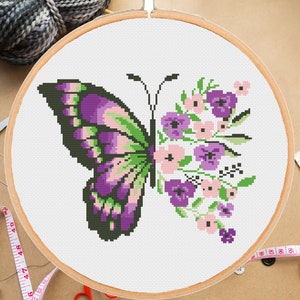 Floral butterfly Modern Cross Stitch Pattern, Flower insect botanical nature hoop- Instant download PDF