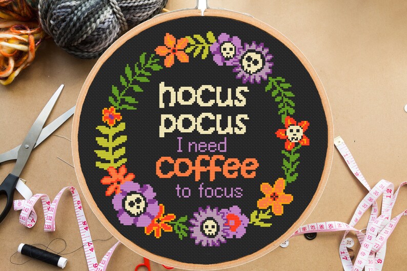 Funny Halloween cross stitch pattern Hocu pocus I need coffee to focus Floral Modern Sassy Sarcastic Snarky Subversive-instant pdf download image 1