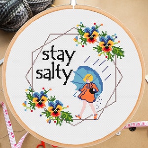 Stay Salty cross stitch pattern Snarky Subversive Sarcastic floral modern -instant pdf download