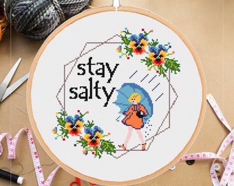 Patrón de punto de cruz Stay Salty, sarcástico, subversivo, floral, moderno, fácil, contado, divertido - descarga instantánea en PDF