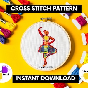 May include: A cross-stitch design of a ballerina in a wooden hoop. The dancer is made with red, yellow, and blue cross-stitches. The image includes spools of colourful embroidery floss and the text "CROSS STITCH PATTERN" and "INSTANT DOWNLOAD".