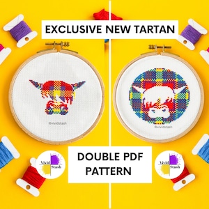 Harris the Highland Cow Cross Stitch PDF, Modern Scottish Tartan, Double Pattern, Animal Outline Portrait