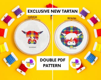 Harris the Highland Cow kruissteek pdf, moderne Schotse tartan, dubbel patroon, portret dierenomtrek