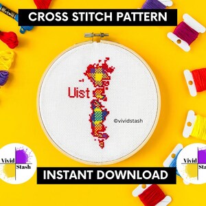 May include: A cross-stitch pattern on a white fabric stretched in a wooden hoop. The design is a colorful, abstract shape with the word "List" in red. The image is surrounded by spools of colorful embroidery floss and the text "CROSS STITCH PATTERN" and "INSTANT DOWNLOAD".