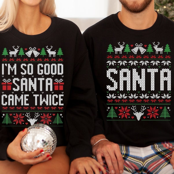 Unisex Funny Couples Ugly Christmas Sweater, Couples Matching Ugly Christmas Sweater, Santa Twice, Christmas Pajamas, Sold Seperate