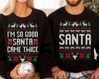 Unisex Funny Couples Ugly Christmas Sweater, Couples Matching Ugly Christmas Sweater, Santa Twice, Christmas Pajamas, Sold Seperate