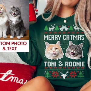 Custom Photo Ugly Christmas Sweater, Merry Catmas, Meowy Christmas, Cat Sweatshirt, Dog Lover Sweater Christmas, Funny Xmas Sweater Gift