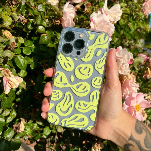 Lime Green Neon Melted Smiley Happy Face Print Trendy Clear iPhone Case with Design | Aesthetic Trippy | BPA Free | Iphone XR 11 12 Pro Max