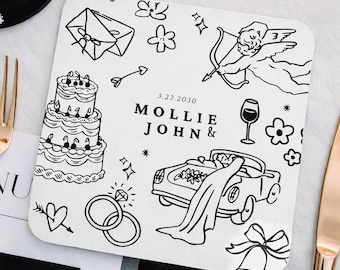 Personalized Wedding Coaster | Illustrated Doodle, Names & Date
