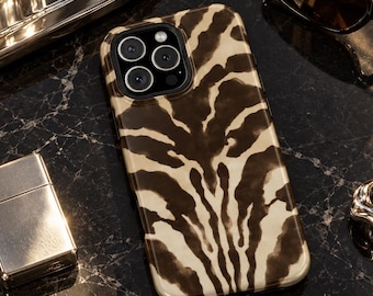 Espresso Brown Zebra Print iPhone Case, Cream Striped Animal Print Cover