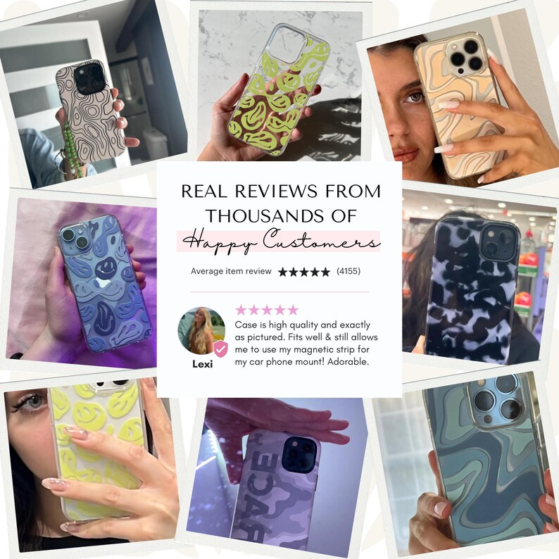 The image is a collage of various phone cases with different designs and colors, featuring people holding the cases and taking pictures of them.
