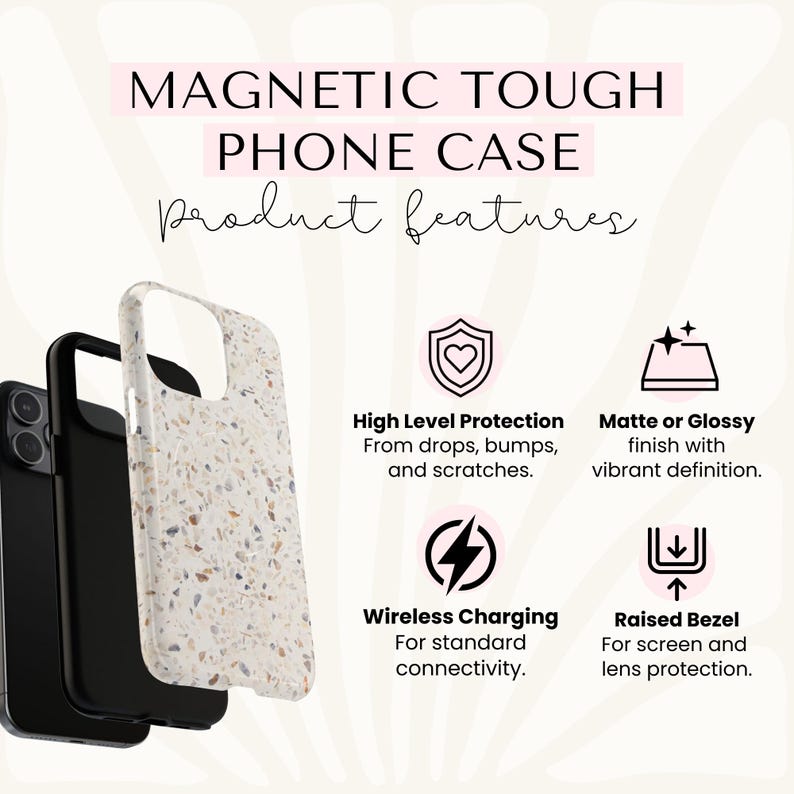 a phone case with a textured design and various product features, including high-level protection, wireless charging, raised bezel, and matte or glossy finish.