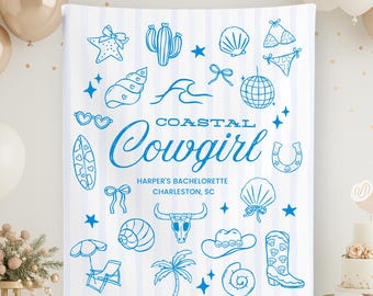 Cenário personalizado para despedida de solteira estilo cowgirl no estilo costeiro: faixa para chá de panela na praia