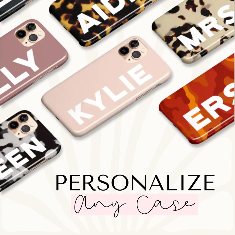 a collection of phone cases with personalized names on them, such as "AIDLE", "KYLIE", and "ERS".