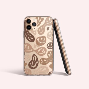 Melted Smiley Face Print Brown Trendy Clear iPhone Case with Design | Aesthetic Y2K Trippy | BPA Free | Iphone XR 11 12 Pro Max