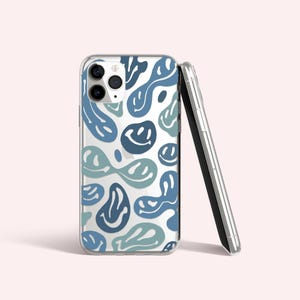 Melted Smiley Face Print Mint Green Blue Trendy Clear iPhone Case with Design | Aesthetic Y2K Trippy | BPA FREE | iPhone 14 Pro Max