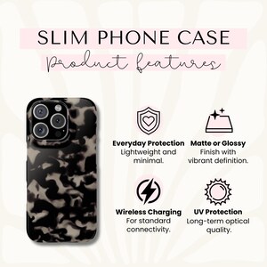 a slim phone case with various product features, including everyday protection, wireless charging, UV protection, and minimalistic design.