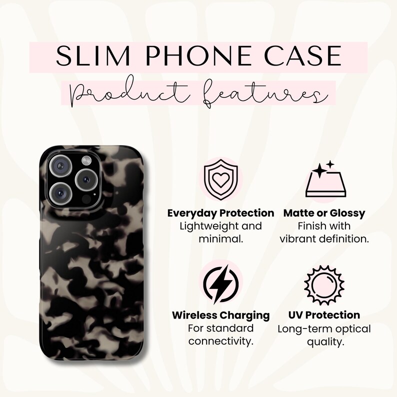 a slim phone case with various product features, including everyday protection, wireless charging, UV protection, and minimalistic design.