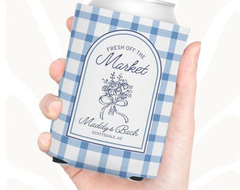 Personalized Bachelorette Party Cozies | Fresh off the Market Something Blue Can Coolers | Gingham Party Favors