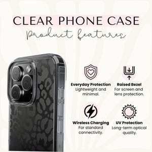 a clear phone case with various product features, including everyday protection, raised bezel, wireless charging, and UV protection.