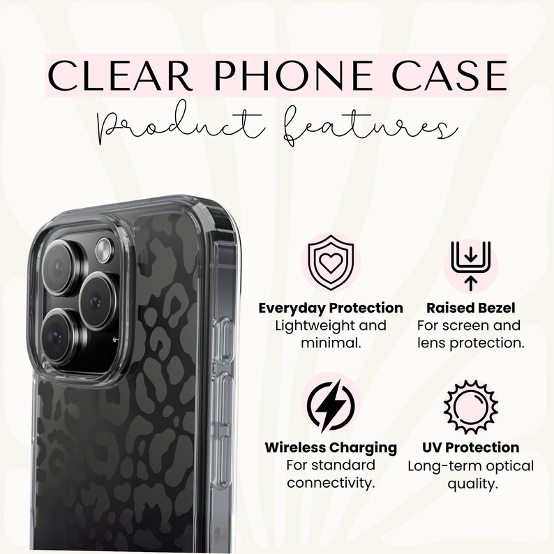 a clear phone case with various product features, including everyday protection, raised bezel, wireless charging, and UV protection.