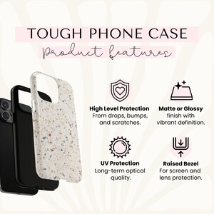 a phone case with various product features, including high-level protection, UV protection, raised bezel, and raised bezel.