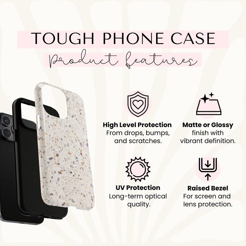 a phone case with various product features, including high-level protection, UV protection, raised bezel, and raised bezel.