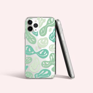 Melted Smiley Face Print Mint Green Blue Trendy Clear iPhone Case with Design | Aesthetic Y2K Trippy | BPA FREE | iPhone 14 Pro Max