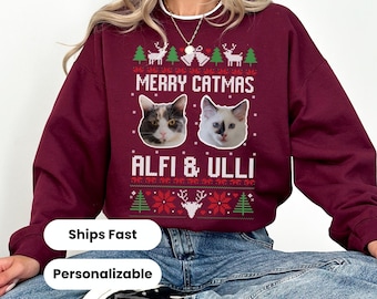 Personalized Cat or Dog Pet Portrait Ugly Christmas Sweatshirt