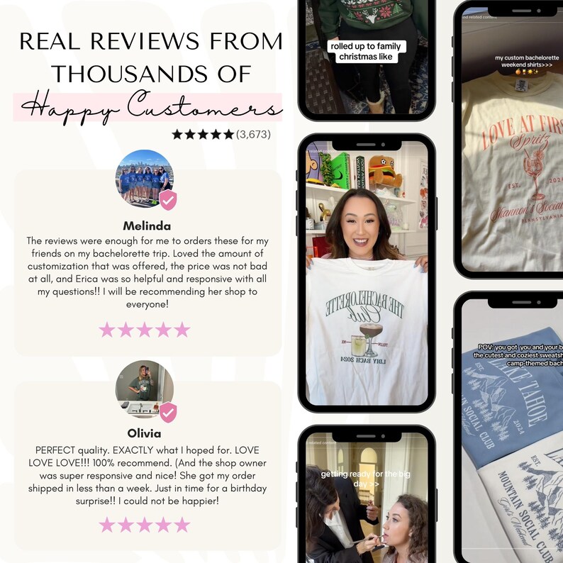 a woman holding a t - shirt with the words real review from thousands of happy