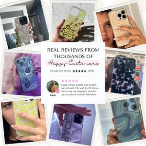 The image is a collage of various phone cases with different designs and colors, featuring people holding the cases and taking pictures of them.