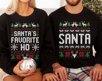 Santa's Favorite Ho, Funny Ugly Christmas Sweater, Couple Matching Party Outfit