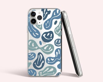Y2K Melted Smiley Face iPhone Case | Clear, Blue Green Design