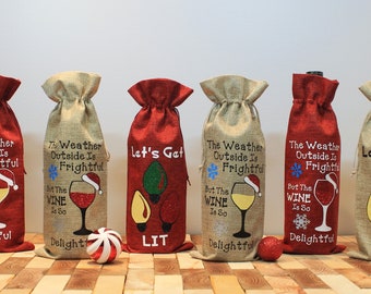 Holiday Wine Bags, Funny Wine Bags, Gift Bags, Wine Totes, Reusable Wine Bag, Christmas Wine Bag, Burlap Wine Bag