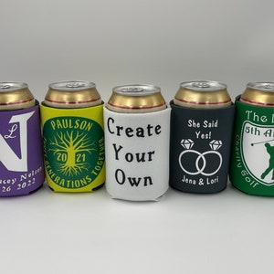 Create Your Own Vinyl Pressed Can Coolers, Custom Designed Can Huggers, Party Favor, Wedding Favor, Engagement Party, Logo Promo