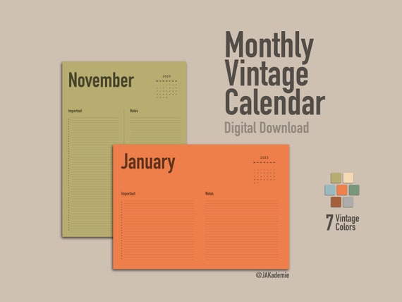 Vintage Calendar 2023 Printable Monthly Overview Twelve - Etsy