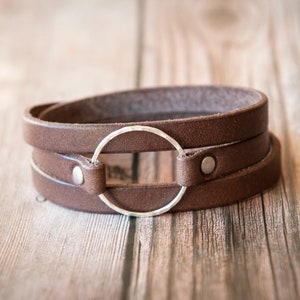 Leather Wrap Bracelet For Women, Sterling Silver Hammered Hoop, Brown Leather, Handmade Jewelry